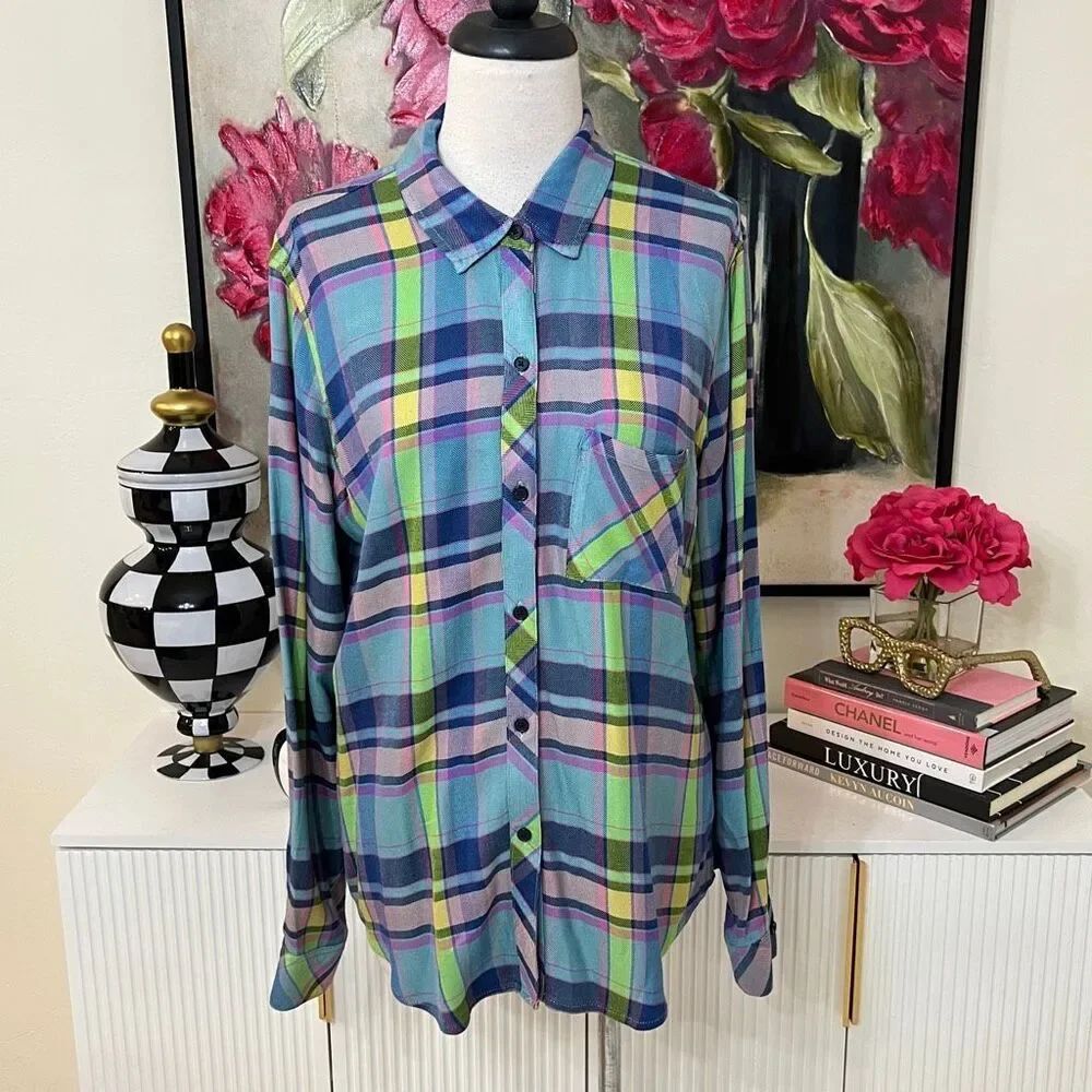 Rails Women's Plaid Long Sleeve Tunic Hunter Shirt Lime Berry Multicolor Medium